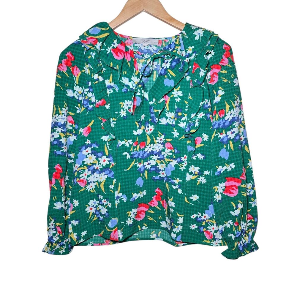 LOFT Green Floral Bouquet Ruffle Tie-Neck Blouse Women's XS Petite Long Sleeve
